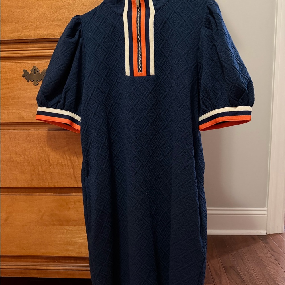 Navy Blue Dress with Orange and White Accents